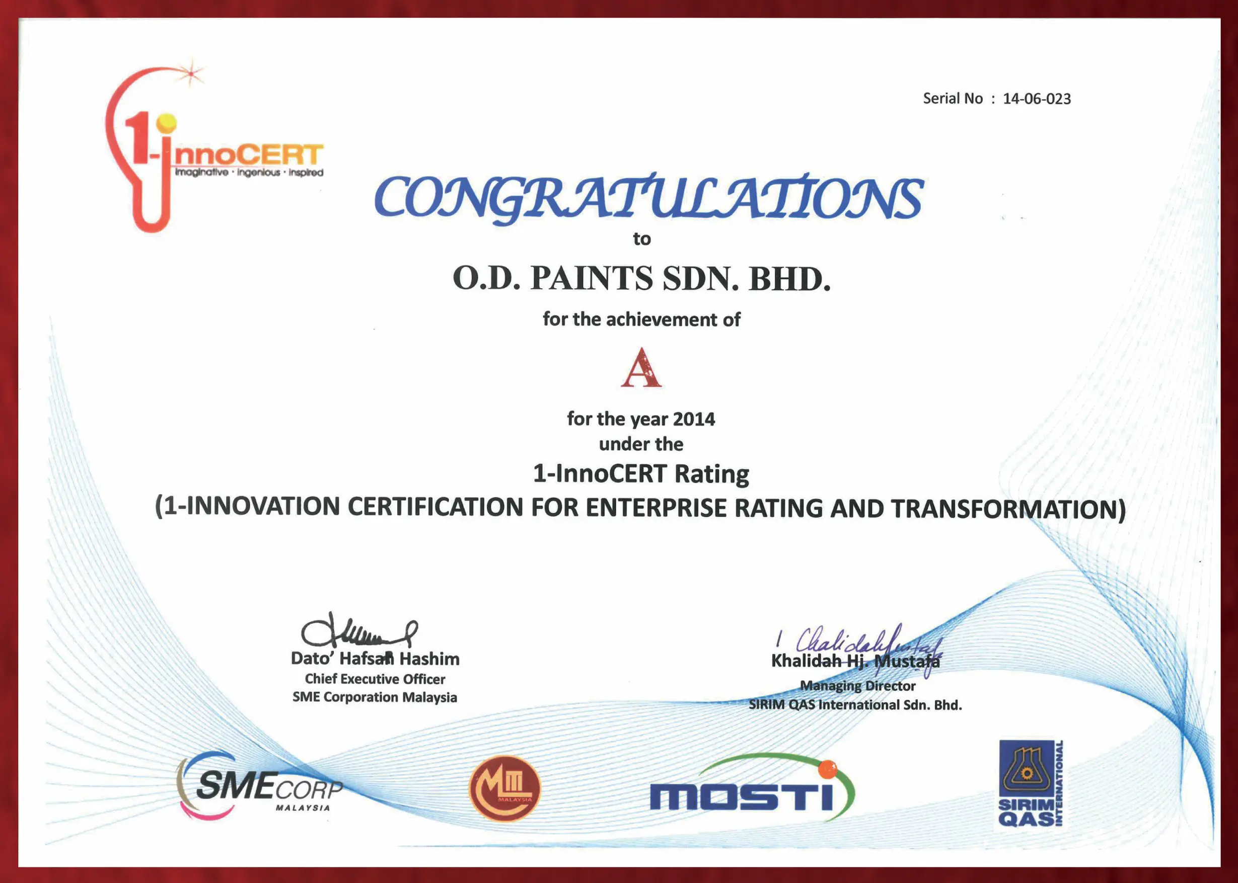 InnoCERT recognition certificate awarded to O.D. Paints for innovation