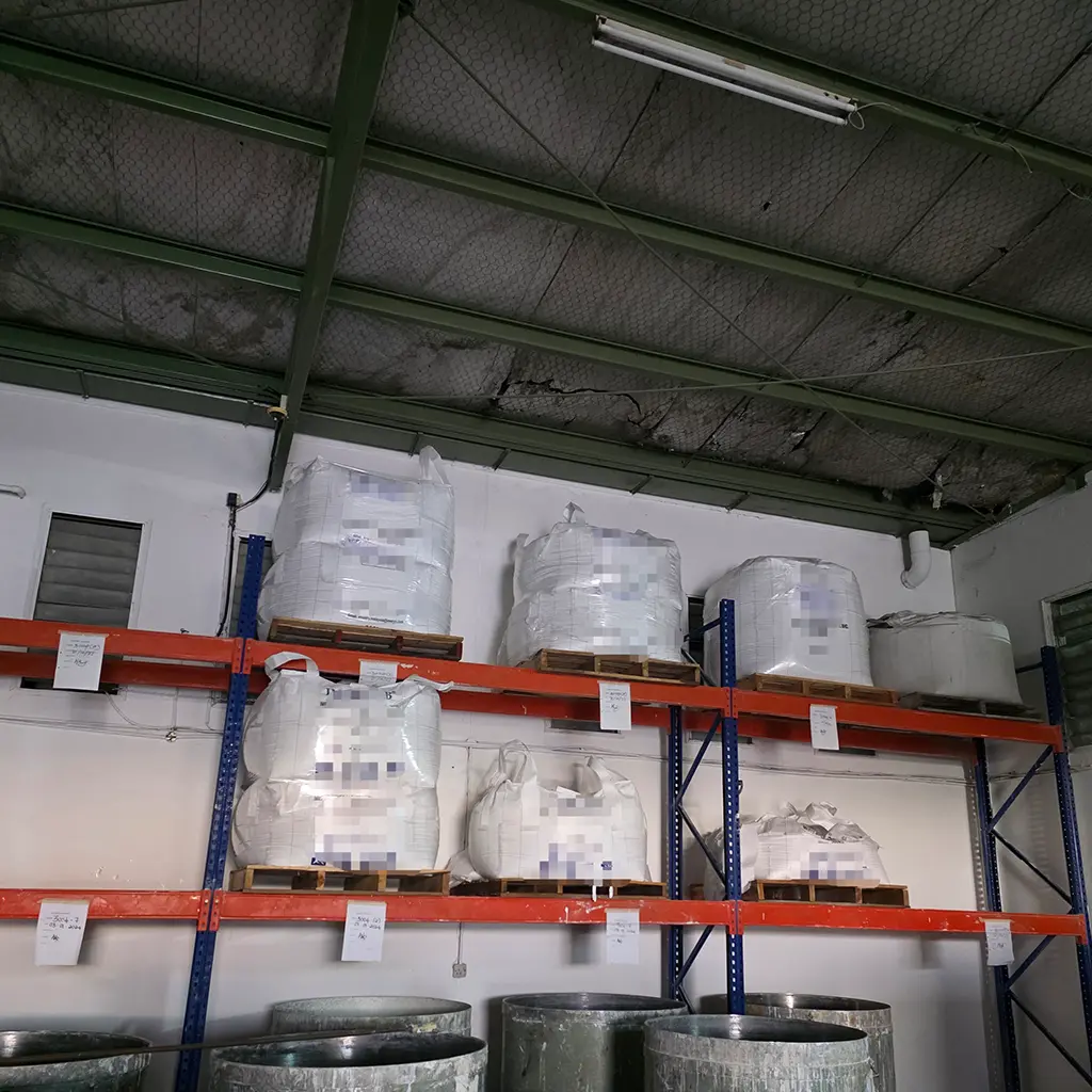 Raw materials received and prepared at the O.D. Paints factory